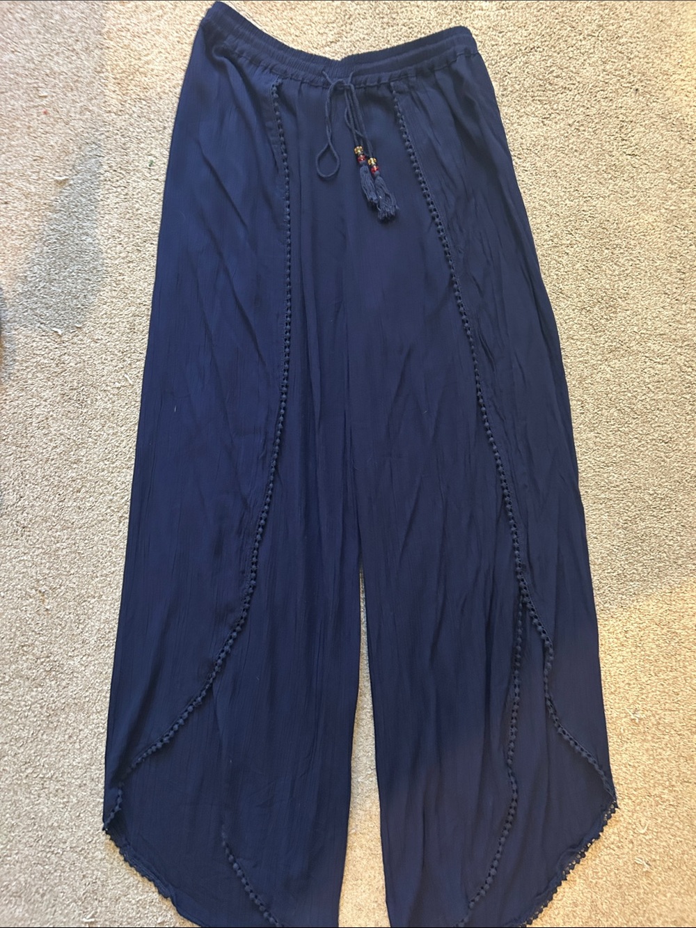 Navy Wide-Leg Tassel Drawstring Pants
